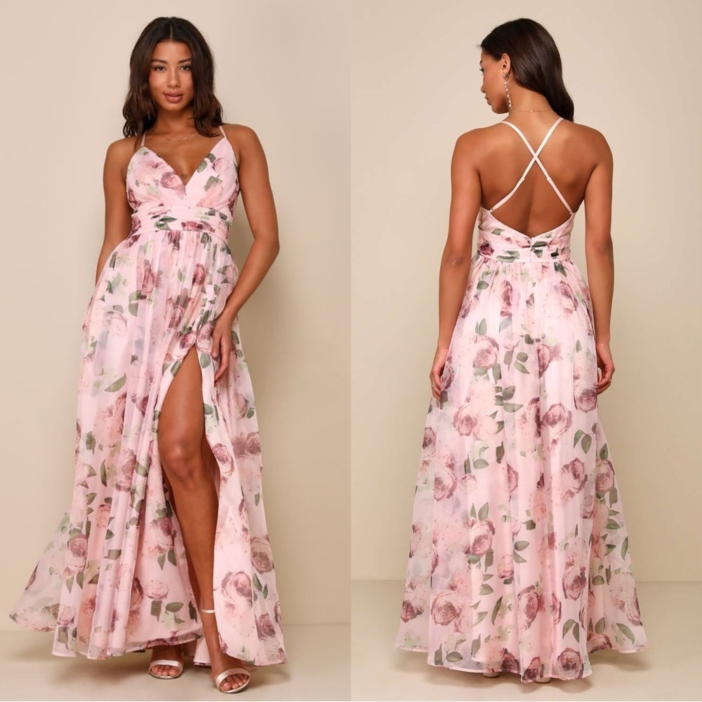 NWOT Lulus Romance That Wows Blush Floral Print Organza Maxi Dress